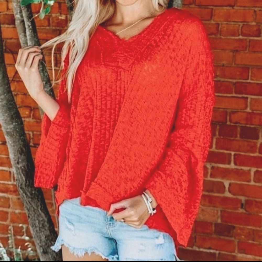SOLD. Free People Slouchy Baja Babe Hacci Red Hooded Cardigan. As New. No Tag